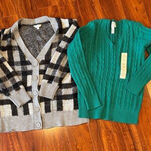 Plaid Cardigan and Cable Knit Sweater